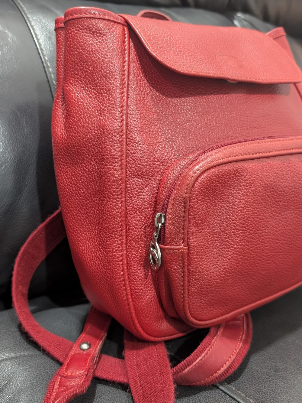 Vintage Red Pebble Leather Longchamp Backpack